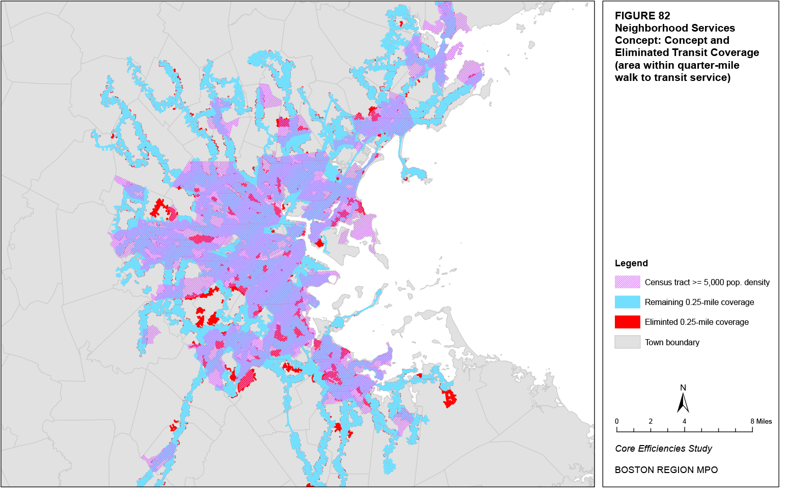 This map shows the quarter-mile coverage of the BRT corridor concept and the eliminated coverage compared to the existing transit network.